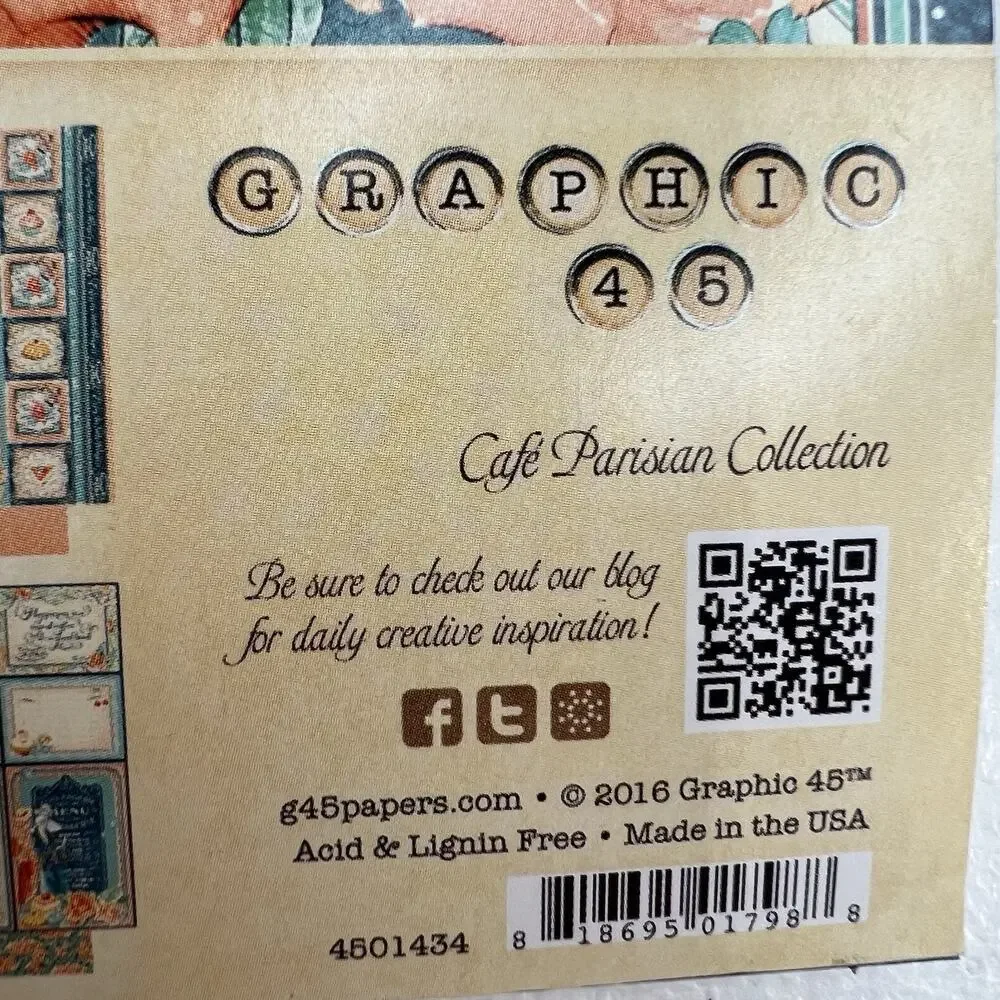 Graphic‎ 45 Cafe Parisian Collection 8 x 8 Paper Pad 2016 Scrapbooking HTF NEW